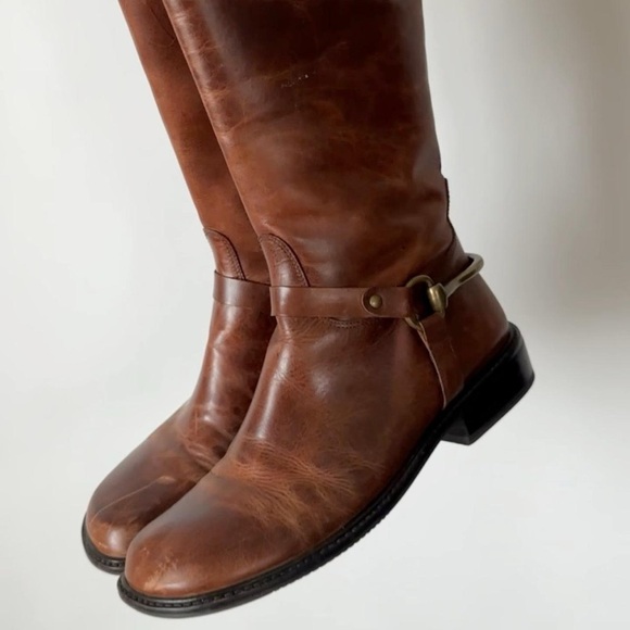 CHICEST VINTAGE BROWN LEATHER EQUESTRIAN RIDING BOOTS BRASS HEEL HARDWARE - 8.5 - Picture 8 of 10